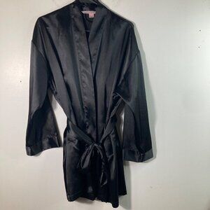 Womens Vintage 90s Victorias Secret Satin Robe Short Black OS Polyester 1/2 Slee